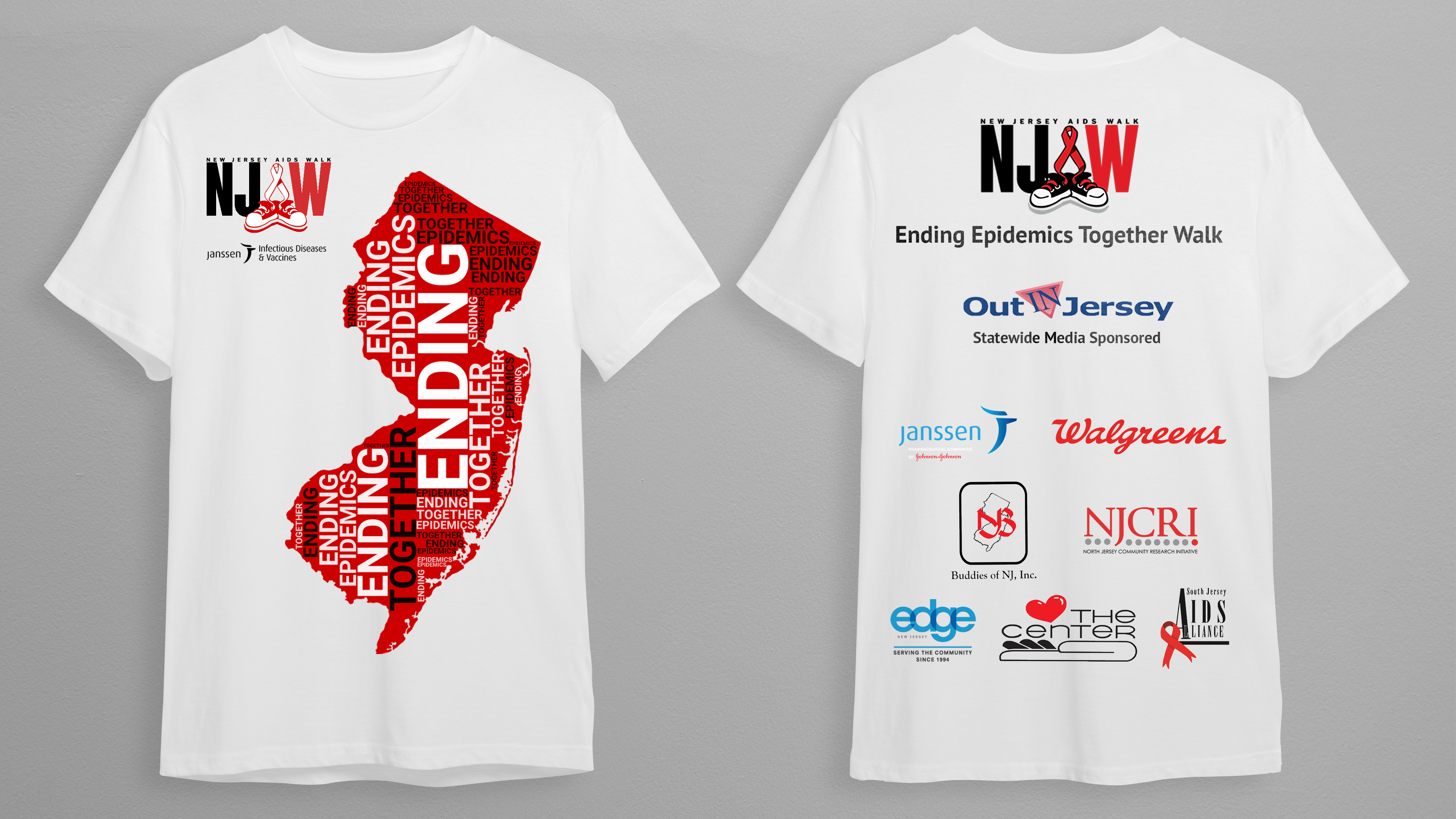 Collaboratively designed t-shirt artwork for the 2023 New Jersey AIDS Walk, in partnership with "Out in Jersey."